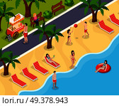 Colored beach rest isometric composition with holidaymakers swim and sunbathe on the beach vector illustration. Beach Rest Isometric Composition. Стоковая иллюстрация, агентство Ingram Publishing / Фотобанк Лори