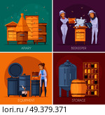 Apiary production concept 4 cartoon concept square with  beehives beekeepers collecting honey and storage equipment isolated vector illustration . Apiary Honey Production Cartoon Concept . Стоковая иллюстрация, агентство Ingram Publishing / Фотобанк Лори