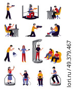 Gamers people flat set of isolated teenage human characters with leisure-time entertainment facilities and gaming accessories vector illustration. Game Addict Characters Collection. Стоковая иллюстрация, агентство Ingram Publishing / Фотобанк Лори