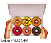 Realistic colorful donuts with sprinkles, glaze and sesame seeds in open white box in hands vector illustration. Realistic Donuts In Box In Hands. Стоковая иллюстрация, агентство Ingram Publishing / Фотобанк Лори