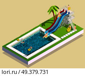 Water park isometric composition of images aquatic facility images swimming pool waterslide palm and human characters vector illustration. Aqua Park Waterslide Composition. Стоковая иллюстрация, агентство Ingram Publishing / Фотобанк Лори