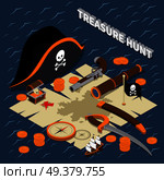 Treasure hunt isometric composition with map hat golden coins compass dagger binoculars handgun vector illustration . Treasure Hunt Isometric Composition. Стоковая иллюстрация, агентство Ingram Publishing / Фотобанк Лори