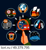 Garbage concept with flat images of human hand magnifying lens and utility waste recyclable material symbols vector illustration. Garbage Recycling Flat Concept. Стоковая иллюстрация, агентство Ingram Publishing / Фотобанк Лори