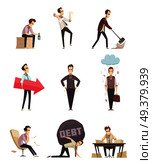 Business failure retro cartoon icons set with frustrated upset businessman with debt burden metaphor isolated vector illustration . Business Failure Retro Cartoon Icons . Стоковая иллюстрация, агентство Ingram Publishing / Фотобанк Лори