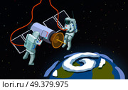 Astronauts in open space isometric composition with cartoon style terrestrial sphere and two spacemen in  armour vector illustration. Outer Space Astronauts Composition. Стоковая иллюстрация, агентство Ingram Publishing / Фотобанк Лори