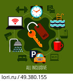 All inclusive design concept with elements of hotel service and transfer flat vector illustration. All Inclusive Design Concept. Стоковая иллюстрация, агентство Ingram Publishing / Фотобанк Лори