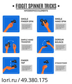 Fidget spinner stress relieving toy tricks infographic elements collection with flat icons and description text isolated vector illustration . Fidget Spinner Infographic Elements Set . Стоковая иллюстрация, агентство Ingram Publishing / Фотобанк Лори