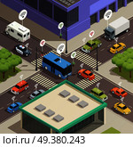 Smart city traffic lights assistance technology connecting  cars in busy streets intersections isometric composition poster vector illustration . Smart City Traffic Isometric  Composition. Стоковая иллюстрация, агентство Ingram Publishing / Фотобанк Лори