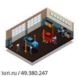 Car repair maintenance autoservice station isometric view interior with auto mechanic team with 2 vehicles vector illustration. Car Maintenance Service Isometric Interior . Стоковая иллюстрация, агентство Ingram Publishing / Фотобанк Лори