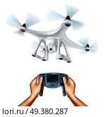 Realistic unmanned drone with digital camera and hands holding remote control device on white background isolated vector illustration. Realistic Drone Illustration. Стоковая иллюстрация, агентство Ingram Publishing / Фотобанк Лори