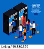 Visa center interior with applicants queue and documents isometric vector illustration. Visa Center Concept. Стоковая иллюстрация, агентство Ingram Publishing / Фотобанк Лори