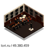 Conductor and musicians playing xylophone flute drums violin trumpet in orchestra 3d isometric vector illustration. Orchestra Isometric Illustration. Стоковая иллюстрация, агентство Ingram Publishing / Фотобанк Лори