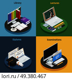 E-learning 2x2 isometric concept with various devices electronic library and diploma on colorful backgrounds 3d isolated vector illustration. E-learning Isometric Concept. Стоковая иллюстрация, агентство Ingram Publishing / Фотобанк Лори