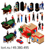 Casino isometric icons set with croupier and gamers playing roulette black jack and slot machine isolated vector illustration. Casino Isometric Icons Set. Стоковая иллюстрация, агентство Ingram Publishing / Фотобанк Лори