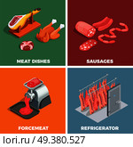 Butcher shop isometric concept including refrigerator with carcasses, meat dishes including jamon, sausages, mince isolated vector illustration. Butcher Shop Isometric Concept. Стоковая иллюстрация, агентство Ingram Publishing / Фотобанк Лори