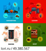 Bread production concept with cereal harvesting, dough kneading with yeast, baking, goods delivery, shop isolated vector illustration. Bread Production Concept. Стоковая иллюстрация, агентство Ingram Publishing / Фотобанк Лори