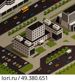 Modern government building compound and surrounding area with trees grass streets and parking lot isometric composition vector illustration . City Government Buildings Isometric Composition . Стоковая иллюстрация, агентство Ingram Publishing / Фотобанк Лори
