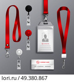Professional identification card id badges holders with red lanyards and strap clips realistic templates set isolated vector illustration  . Identification Card Badge Accessories Set. Стоковая иллюстрация, агентство Ingram Publishing / Фотобанк Лори