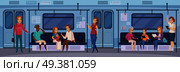 Subway underground train car interior with commuting passengers sitting reading standing with tablet cartoon vector illustration. Subway Underground Train Passengers Cartoon . Стоковая иллюстрация, агентство Ingram Publishing / Фотобанк Лори
