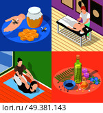 Alternative medicine 2x2 isometric design concept set of yoga apitherapy massage aromatherapy square compositions vector illustration  . Alternative Medicine 2x2 Design Concept. Стоковая иллюстрация, агентство Ingram Publishing / Фотобанк Лори