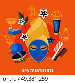 Spa resort popular treatments flat poster with facial masks body massage and hot spring water baths vector illustration . Spa Treatments Flat Background Poster. Стоковая иллюстрация, агентство Ingram Publishing / Фотобанк Лори