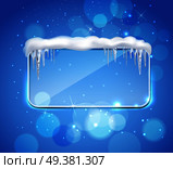 Rectangular glass pane frame with rounded corners and icicles on top realistic image blue bubbles background vector illustration . Glass Panel With Icicles Realistic  . Стоковая иллюстрация, агентство Ingram Publishing / Фотобанк Лори