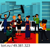 Orthogonal composition with reporters, cameramen and photographers near celebrity on red carpet on city background vector illustration . Reporters And Celebrity Orthogonal Composition. Стоковая иллюстрация, агентство Ingram Publishing / Фотобанк Лори