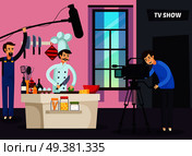 Cooking tv show orthogonal composition with chef preparing food, cameraman and sound man in studio vector illustration. Cooking TV Show Orthogonal Composition. Стоковая иллюстрация, агентство Ingram Publishing / Фотобанк Лори
