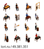 Artisan isometric set with baker glassblower carpenter tailor weaver potter shoemaker carpenter blacksmith sculptor ceramic artist figurines isolated vector illustration. Artisan People Isometric Set. Стоковая иллюстрация, агентство Ingram Publishing / Фотобанк Лори