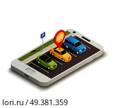 Abstract design concept on carsharing theme with car station located on smartphone screen and car shared pin  isometric vector illustration. Car Sharing Abstract Design Concept . Стоковая иллюстрация, агентство Ingram Publishing / Фотобанк Лори