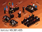 Judiciary isometric Infographics layout with policeman jury court victim attorney witness  prosecutor spectators characters in courtroom interior vector illustration .  Judiciary Isometric Infographics. Стоковая иллюстрация, агентство Ingram Publishing / Фотобанк Лори