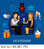 Flat valentines day colored composition with couple on romantic date in restaurant vector illustration. Valentines Day Colored Composition. Стоковая иллюстрация, агентство Ingram Publishing / Фотобанк Лори
