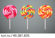 Set of realistic spiral striped colorful lollipops on white plastic sticks isolated on transparent background vector illustration. Realistic Lollipops Transparent Background Set. Стоковая иллюстрация, агентство Ingram Publishing / Фотобанк Лори