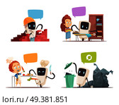 Robots assistance 4 cartoon icons concept square with artificial intelligence friends and household chores managers isolated vector illustration .  Robots Assistance Concept 4 Icons . Стоковая иллюстрация, агентство Ingram Publishing / Фотобанк Лори