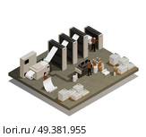 Printing house facility rotary press production process with industrial equipment and operating personnel isometric composition vector illustration .  Printing Production Process Isometric Composition . Стоковая иллюстрация, агентство Ingram Publishing / Фотобанк Лори