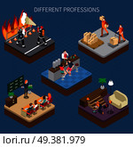 Professions uniform isometric people composition with views of occupational situations of different people with text caption vector illustration. Modern Professions Isometric Composition. Стоковая иллюстрация, агентство Ingram Publishing / Фотобанк Лори