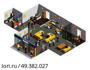Bank offices interior with customers in waiting area and accounting clerks attending clients isometric composition vector illustration . Bank Office Interior Isometric Composition. Стоковая иллюстрация, агентство Ingram Publishing / Фотобанк Лори