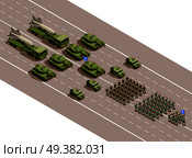 Military parade isometric composition with regiments and army technique blocks of armored vehicles and ballistic missiles vector illustration  . Military Parade Isometric Composition . Стоковая иллюстрация, агентство Ingram Publishing / Фотобанк Лори