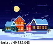 Winter landscape composition with snow and town at night flat vector illustration. Winter Landscape Composition. Стоковая иллюстрация, агентство Ingram Publishing / Фотобанк Лори