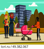 Orthogonal background with fathers and infants at stroll in city park during parental leave vector illustration. Fathers Parental Leave Orthogonal Background. Стоковая иллюстрация, агентство Ingram Publishing / Фотобанк Лори