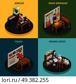 Artisan occupation 2x2 design concept with jeweler tanner ceramic artist and music workshop square icons isometric vector illustration. Artisan Occupation 2x2 Design Concept. Стоковая иллюстрация, агентство Ingram Publishing / Фотобанк Лори