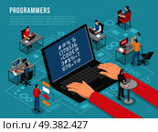 Computer programmers work Isometric conceptual composition poster with software developer code sample on laptop screen vector illustration . Programmers Work Isometric Conceptual Composition . Стоковая иллюстрация, агентство Ingram Publishing / Фотобанк Лори