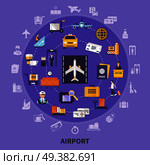 Colorful flat concept with various airport icons planes waiting room steward runway passengers custom control vector illustration. Airport Flat Concept. Стоковая иллюстрация, агентство Ingram Publishing / Фотобанк Лори