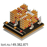 Newest fully automated supermarket and stores shelves replenishment technology isometric composition with conveyor products delivery vector illustration . Supermarket Shelves Replenishment Isometric Composition . Стоковая иллюстрация, агентство Ingram Publishing / Фотобанк Лори