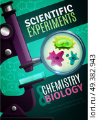 Scientific chemistry and biology experiments poster with unicellular organisms under magnifying glass of microscope images vector illustration . Scientific Experiments Poster. Стоковая иллюстрация, агентство Ingram Publishing / Фотобанк Лори