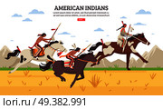 Ethnic background with armed american indians riding horses across prairie against mountains cartoon vector illustration.  American Indians Cartoon Background. Стоковая иллюстрация, агентство Ingram Publishing / Фотобанк Лори