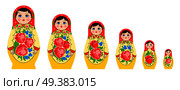 Matryoshka semyonovskaya family set of nesting dolls flat isolated images of different size with identical colouring vector illustration. Nested Russian Doll Set. Стоковая иллюстрация, агентство Ingram Publishing / Фотобанк Лори
