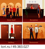 Hotel staff 4 flat gradient icons concept with with reception front desk clerk and bellboy isolated vector illustration . Hotel People Flat Compositions . Стоковая иллюстрация, агентство Ingram Publishing / Фотобанк Лори