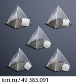 Whole leaves silky nylon pyramid realistic tea bags collection with various shaped white blank tags vector illustration . Pyramid Tea  Bags Realistic Set. Стоковая иллюстрация, агентство Ingram Publishing / Фотобанк Лори