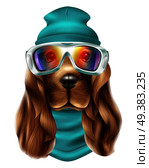 Colored realistic spaniel dog ski suit portrait with cute animal and snowboard equipment vector illustration. Realistic Spaniel Dog Ski Suit Portrait. Стоковая иллюстрация, агентство Ingram Publishing / Фотобанк Лори